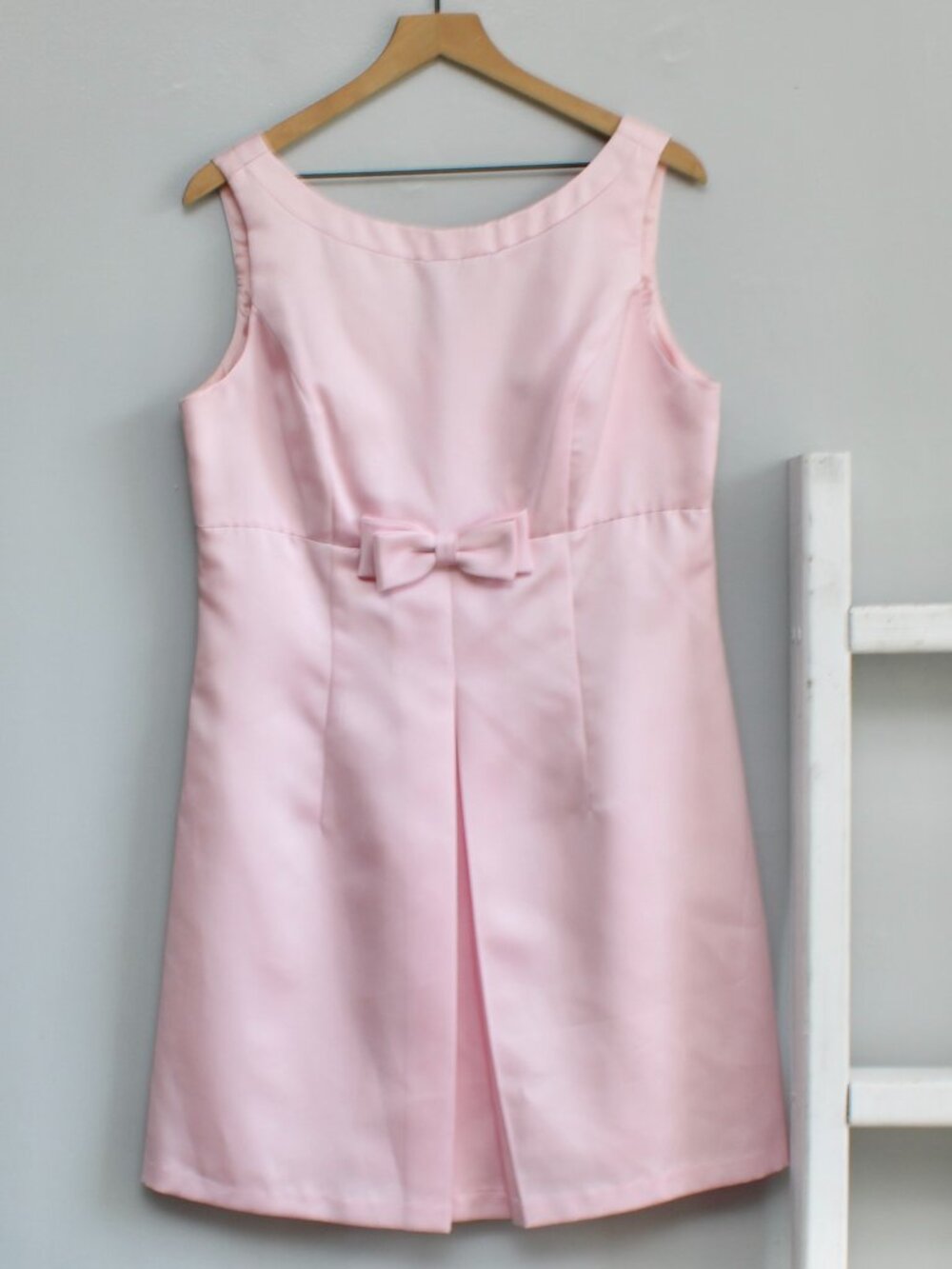 ABS Vintage 90s Pink Empire Waist Pleated Bow Satin Mini Party Dress Size 14 - Picture 3 of 5